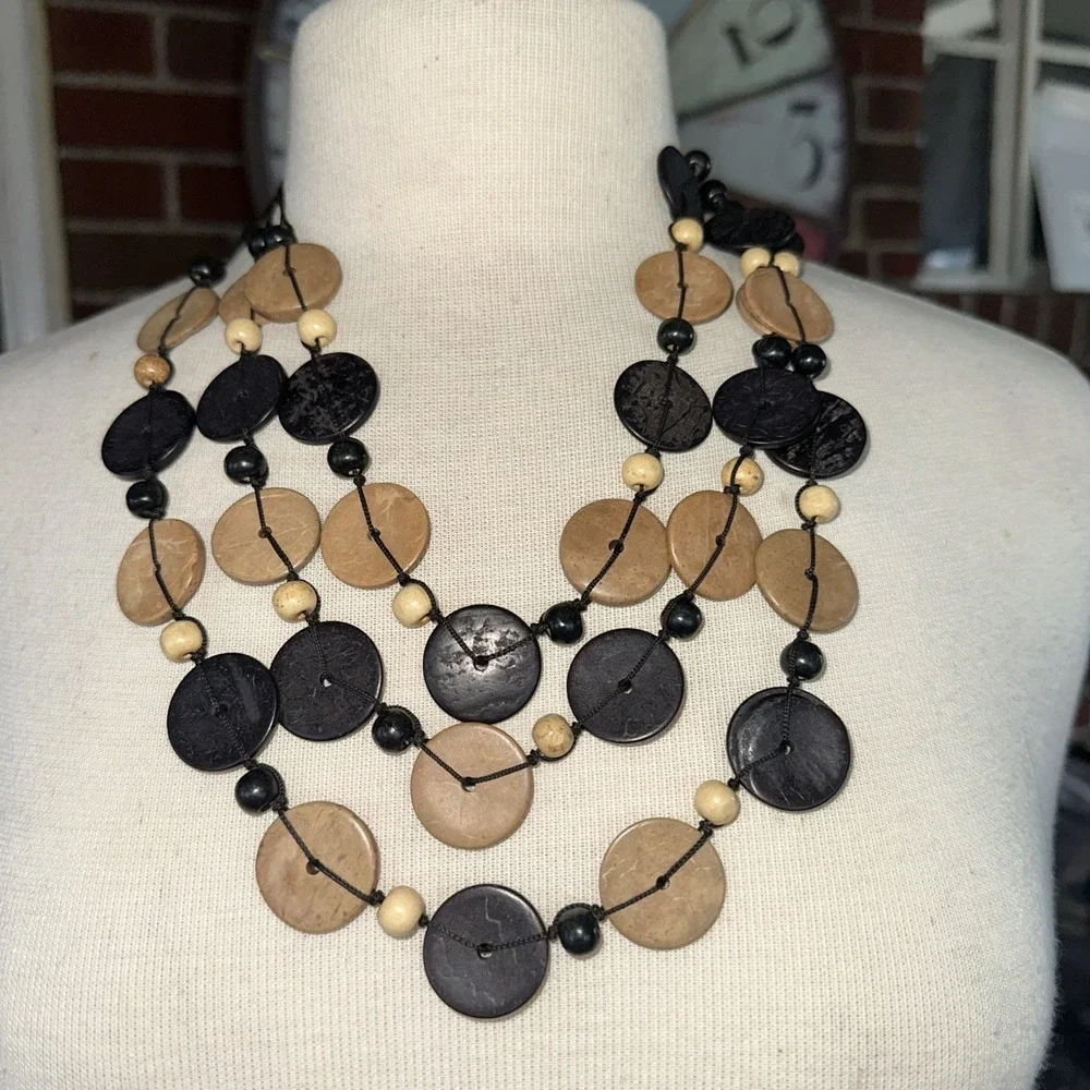 Bala Statement Necklace Women OS Black Tan NEW Wood Disc Multi-Strand Boho